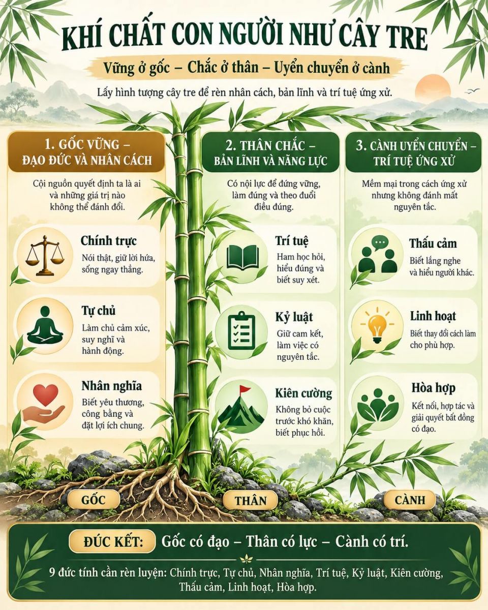 Infographic mô hình khí chất Tre Việt với ba trụ cột Gốc vững, Thân chắc, Cành uyển chuyển và chín đức tính cần rèn luyện.
